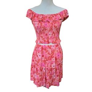 NWT Hippie Rose orange pink floral 2 piece skirt and smocked top set size small